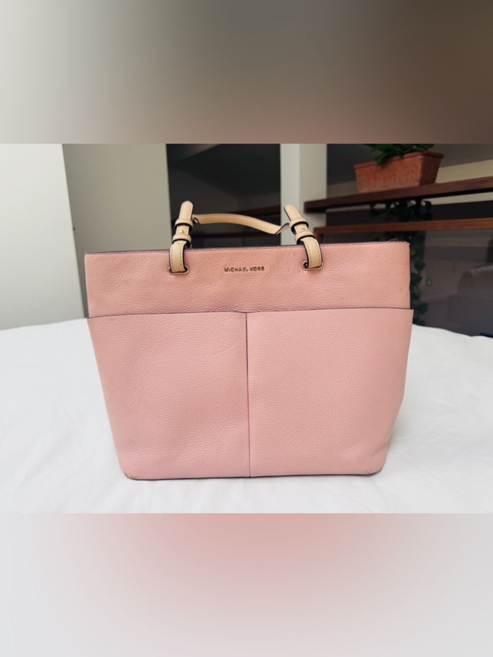 Michael Kors Double Pocket Tote Primrose Pink Pebbled Vegan Leather MSRP $495